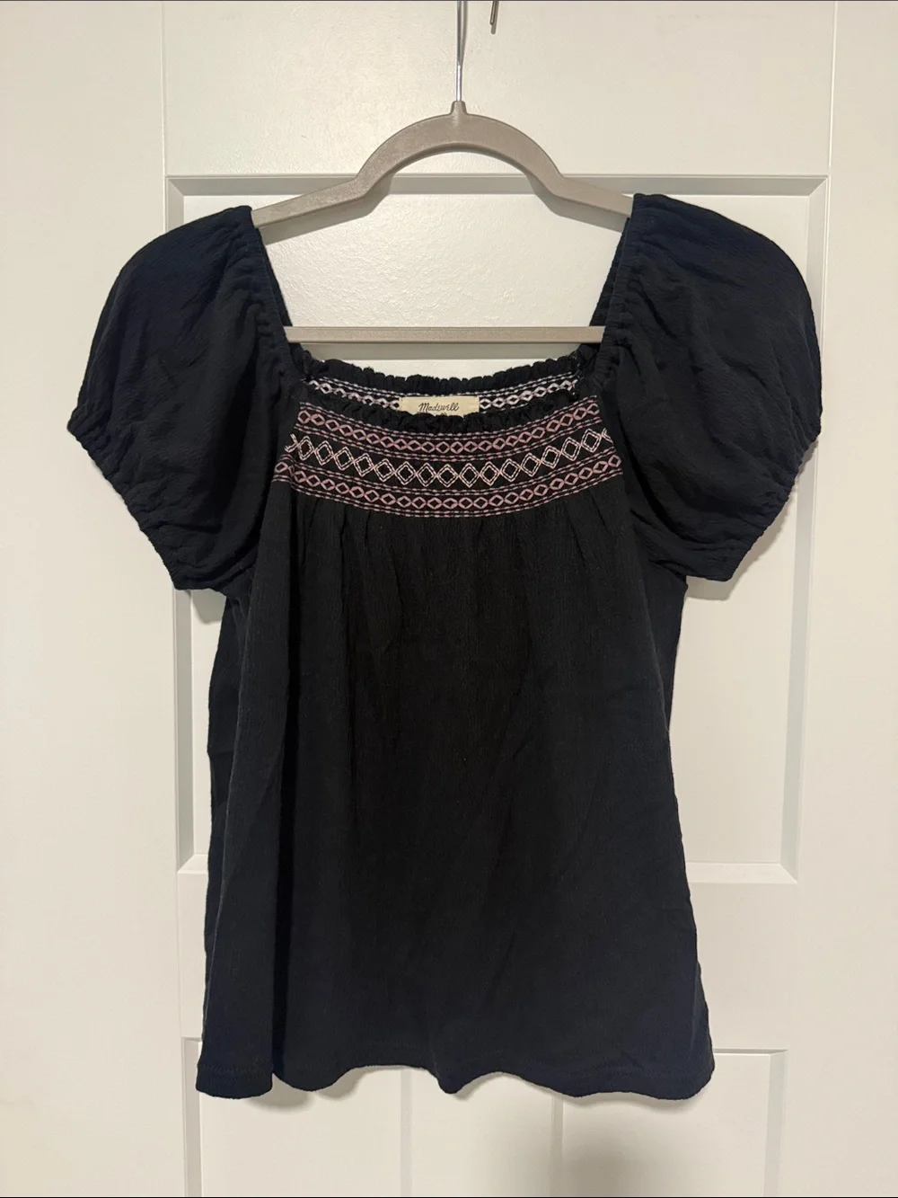 Madewell Black Puff-Sleeve Embroidered Yoke Top